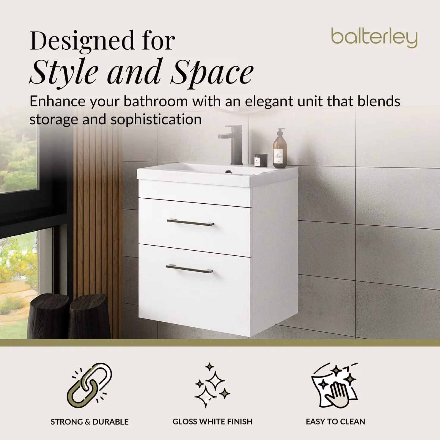 Balterley 2 Drawer Wall Hung Vanity Basin Unit in Gloss White with Black Handles, Width: 50 cm – 2