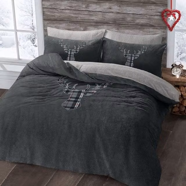 VELOSSO Stag Head Charcoal Teddy Soft Cosy Fleece Duvet Set and Pillowcase, Grey, W/D/H: 90 x 190 cm