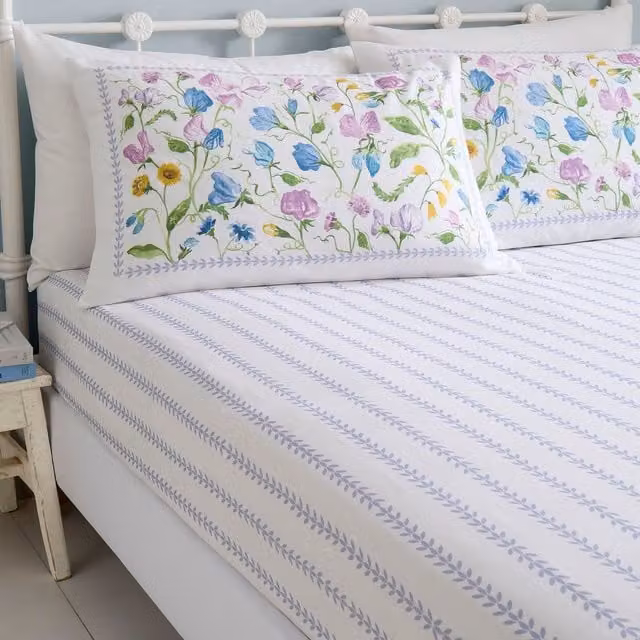 Dreams & Drapes Sweetpea Floral Cotton Fitted Sheet in Purple, White and Multicolour