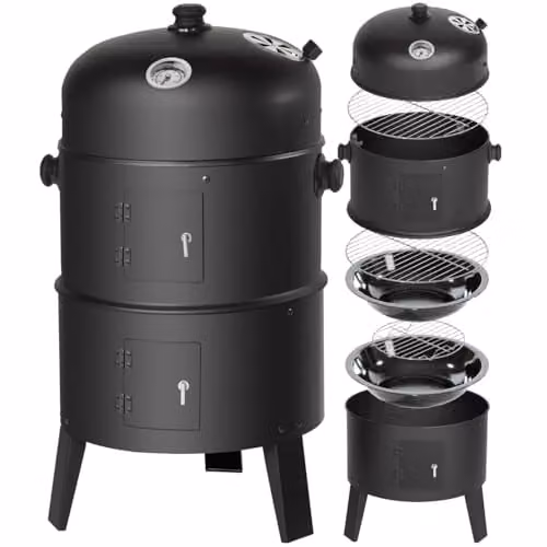 tectake Barrel Charcoal Smoker BBQ Grill in Black with Integrated Thermometer and Chrome-Plated Grates