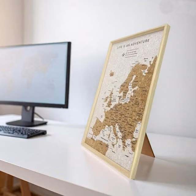 Splosh Europe Travel Map in White with Wood and Cork Tabletop Design