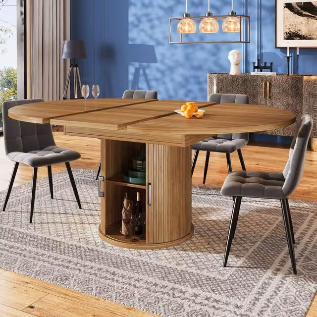 Merax Extendable Round to Oval Dining Table with Butterfly Leaf and Storage in Brown and Black