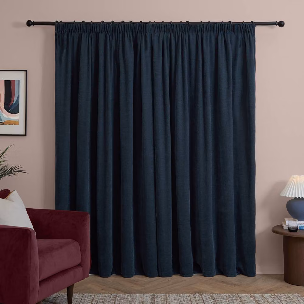Furn Navy Blue Chenille Blackout Pencil Pleat Curtain Pair, Width: 229 cm, Drop: 183 cm – 2