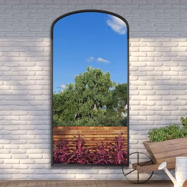 MirrorOutlet Angustus Modern Arched Metal Garden Wall Mirror in Black, Height: 200 cm