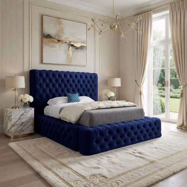 Casani Woolmer Blue Velvet Upholstered Chesterfield Bed Frame, W/D/H: 137 x 90 x 200 cm
