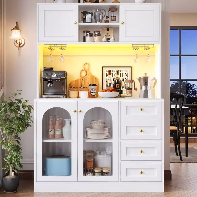 ModernLuxe White Minimalist Kitchen Tall Unit with Glass Doors, Integrated Lighting and Internal Shelves, H 188 x W 40 x D 40 cm