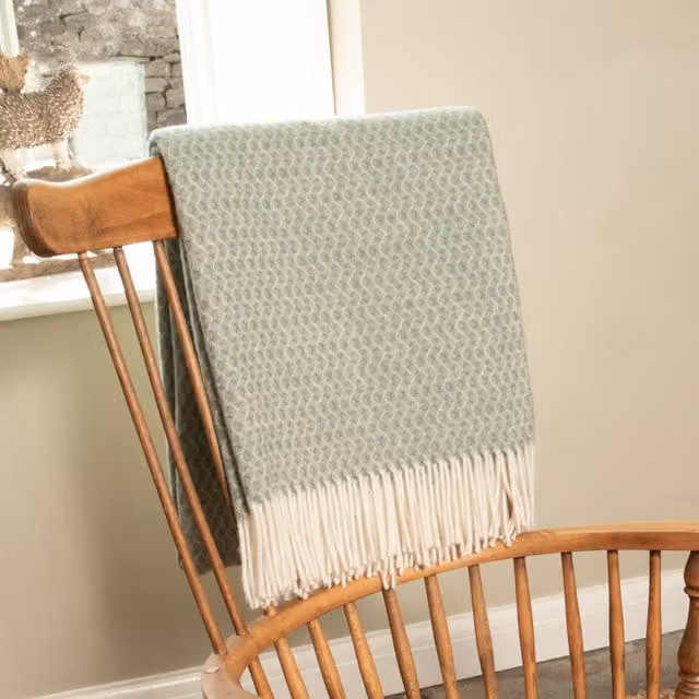Native Natural Green Wool Blanket with Geometric Hoop Pattern, Double Size