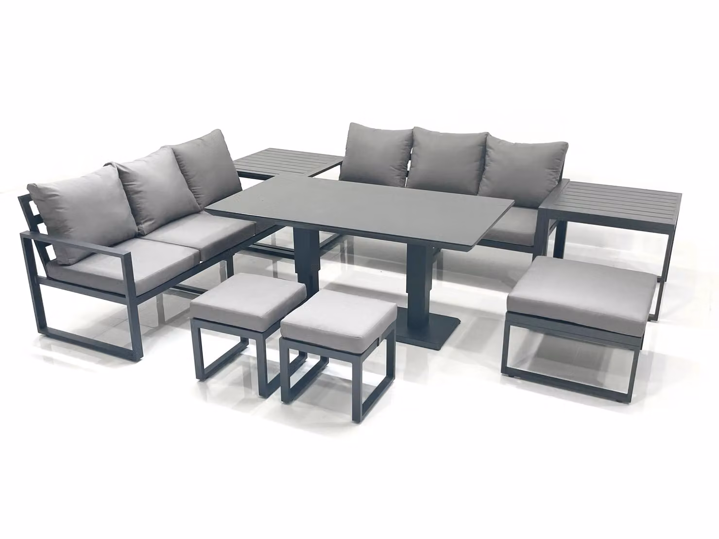 Fimous 9 Seater Aluminium Outdoor Garden Furniture Set in Dark Grey with Adjustable Rising Lifting Dining Table, 3 Seater Sofa, 3 Footstools and 2 Side Tables – 2