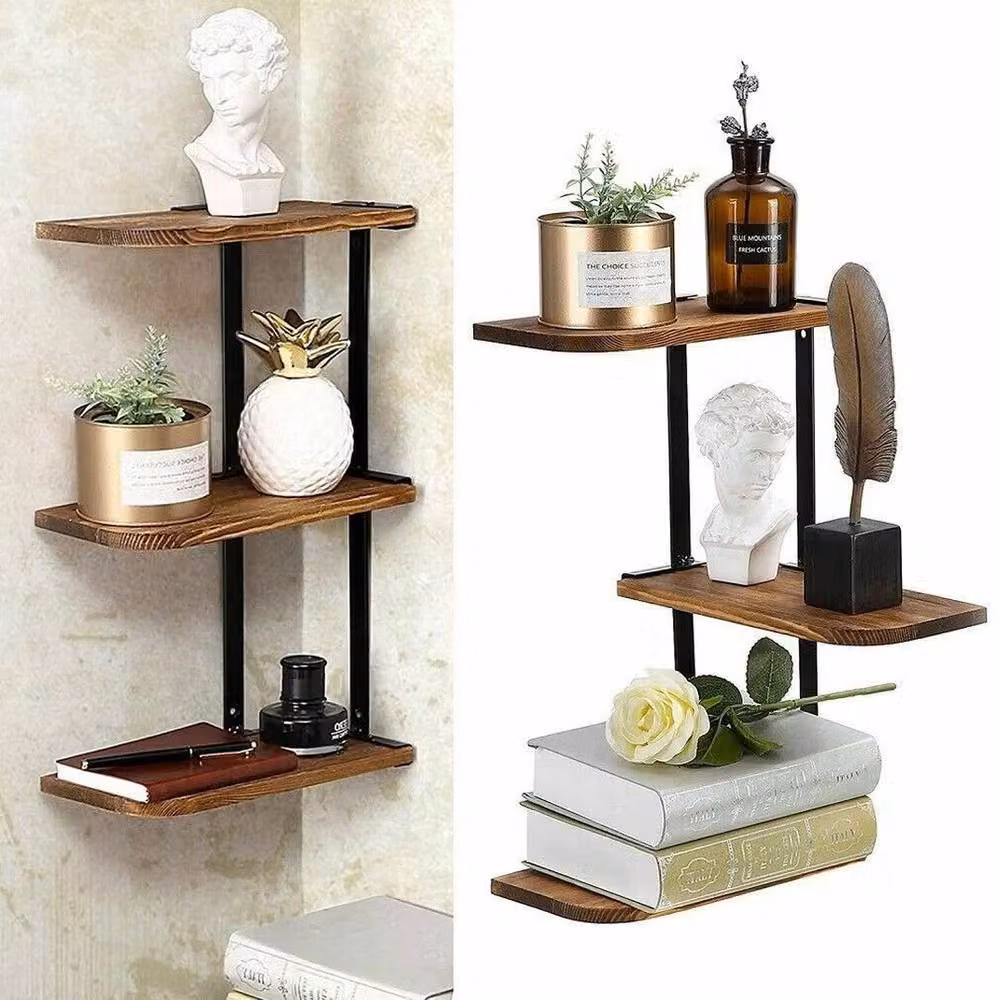 Kelvenix Brown Rustic Corner Wall Mounted Shelf with Iron and Wood Frame – 3