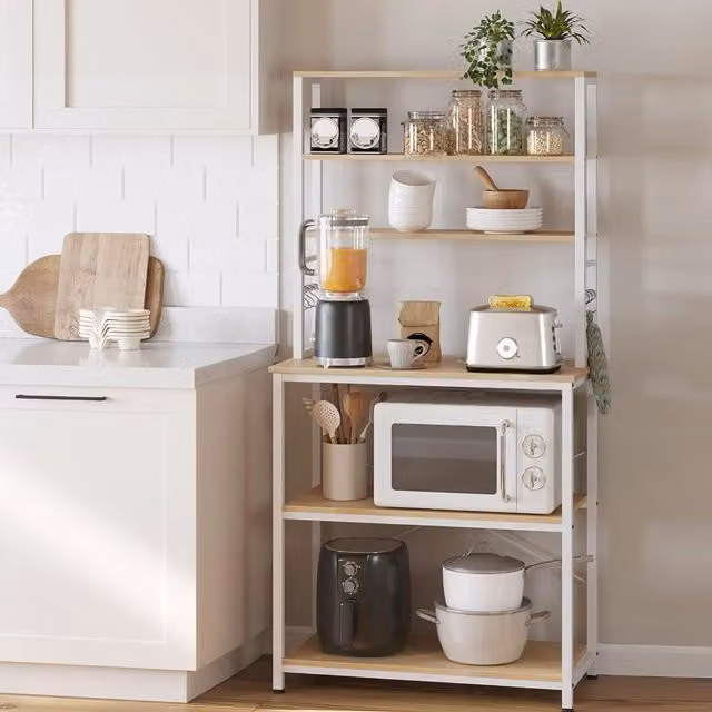 The Bazaarist Kitchen Storage Rack with 6 Adjustable Shelves in Oak and White, H: 167 cm x W: 80 cm x D: 40 cm