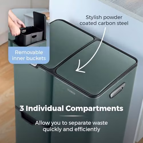 Tower 60L Green Pedal Recycling Bin with Removable Inner Buckets and Coated Steel Body – 5
