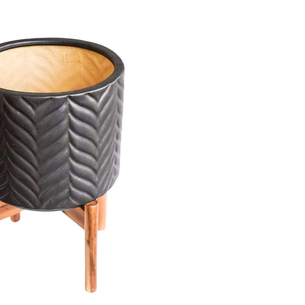 Ivyline Aspen Geometric Ceramic and Wood Planter, Black, W: 22 cm, D: 22 cm, H: 34 cm – 2
