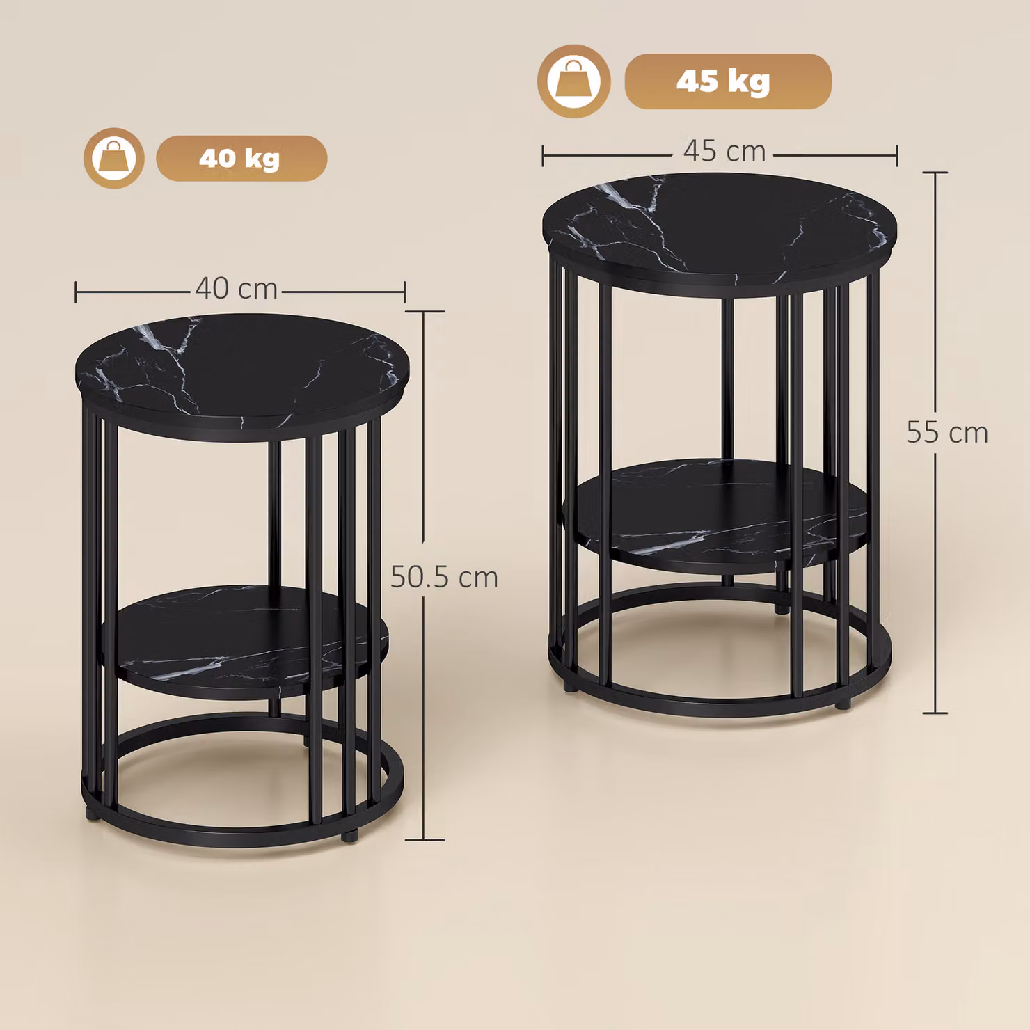 HOMCOM Set of Two Black Marble-Effect Round Coffee Tables with Metal Legs – 3