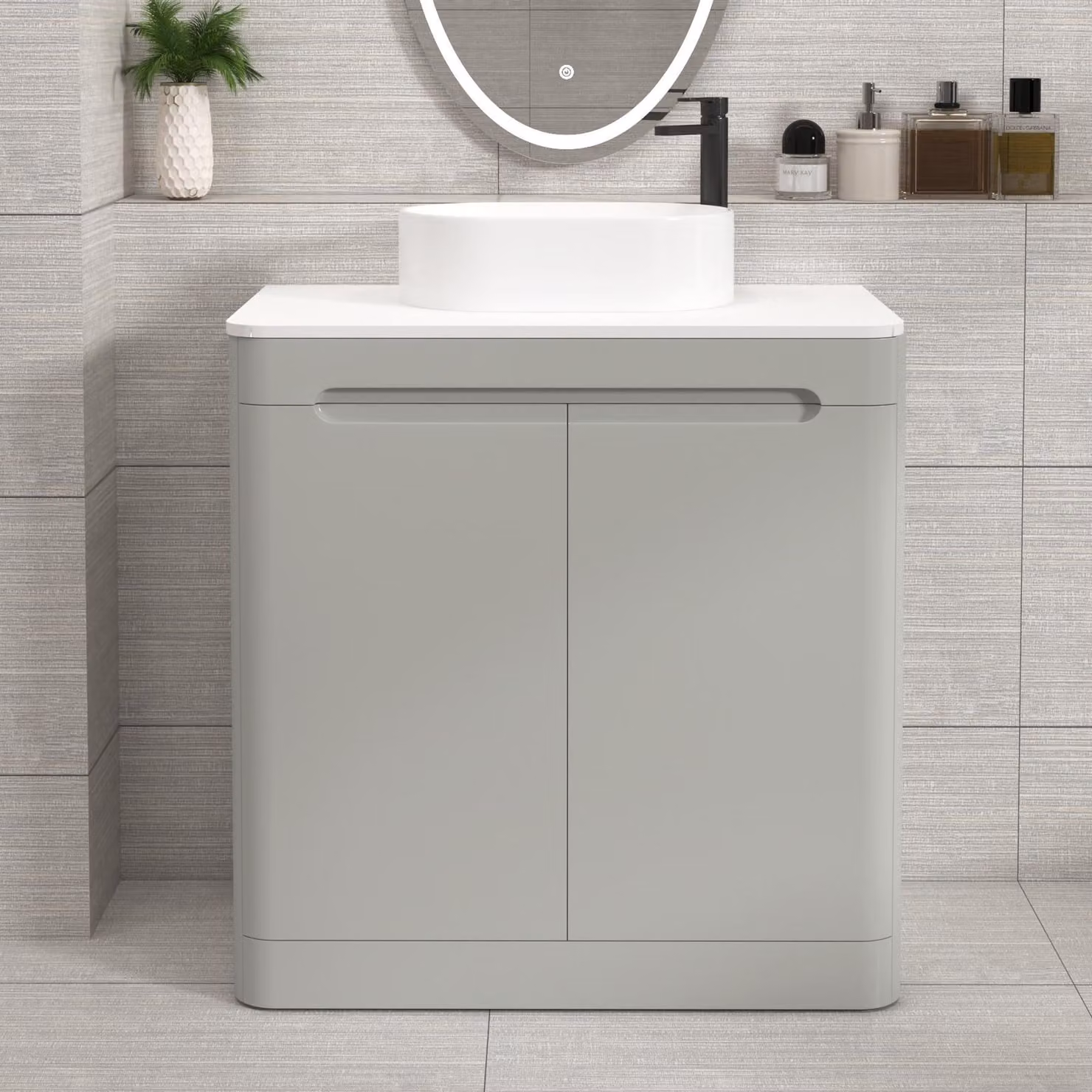 Royal Bathrooms Venice 800mm Floor Standing 2 Door Vanity Unit in Dove Grey with Plain White Worktop and Peak Basin