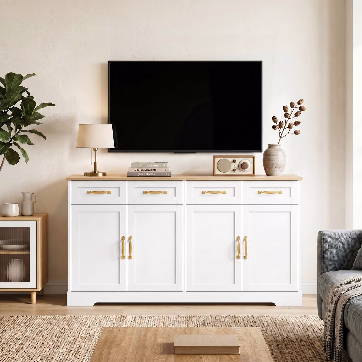 HOMCOM White Sideboard Buffet Cabinet with 4 Drawers, 4 Doors and 2 Adjustable Shelves, W: 140 cm, D: 38 cm, H: 80 cm – 3