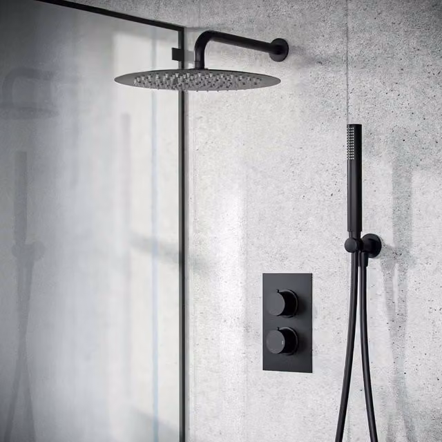 Nes Home Temel Matte Black Round 300mm Shower Set with Handheld Spray and Thermostatic Mixer Valve