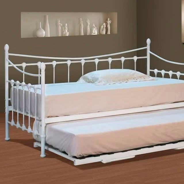 Comfy Living Vintage Metal Day Bed with Trundle in White, 90 x 190 cm