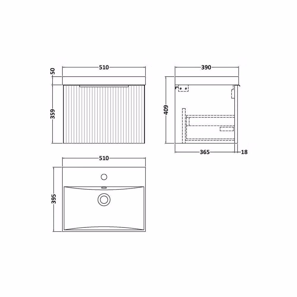 Balterley Tixall Fluted Wall Hung Single Drawer Vanity Unit with Basin, Green, W/D/H: 50.0 x 39.5 x 40.9 cm – 5