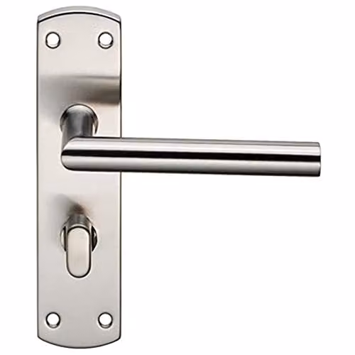 Loops Mitred Lever Bathroom Backplate Door Handle with Thumbturn Lock in Satin Steel Silver