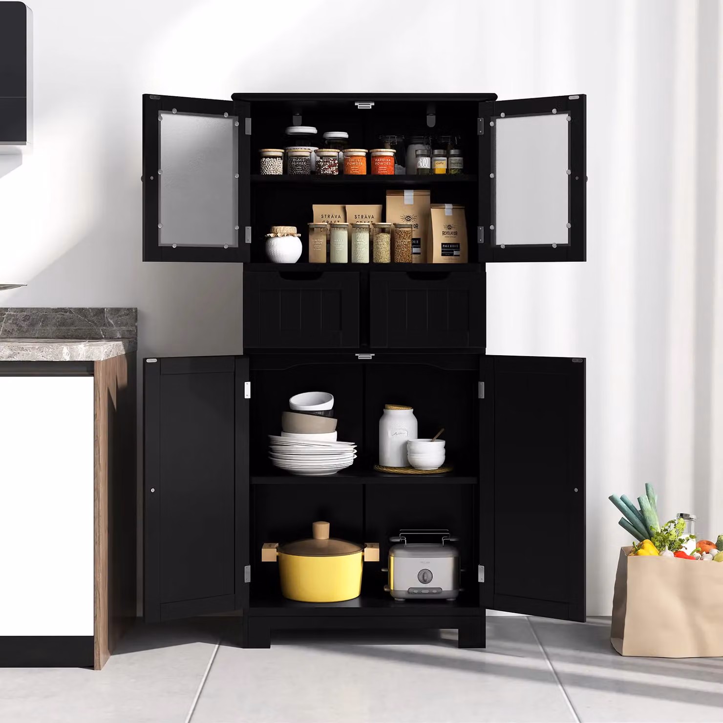 Costway Tall Freestanding Bathroom Storage Cabinet with Hinged Doors and Internal Drawers in Black – 3