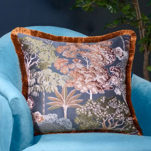 Riva Home Blue Floral Velvet Square Cushion, W/D/H: 55 x 55 x 55 cm