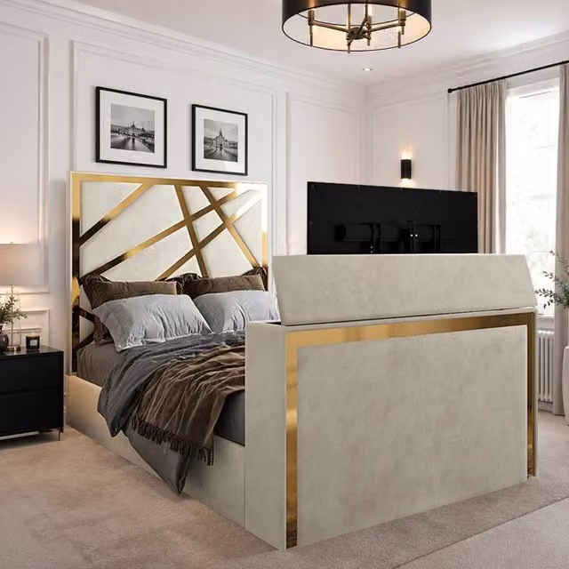 KDMD Askham Double Upholstered Velvet TV Bed Frame in Beige