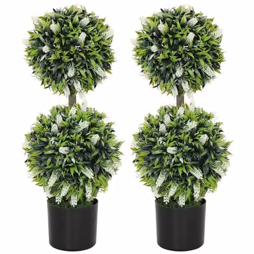 HOMCOM Set of 2 Artificial Round Ball Trees with White and Green Floral Accents in Concrete and Plastic Pots, Height: 70 cm