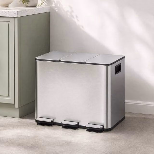 STILVORA Triple 20L Pedal Bin in Silver Stainless Steel with Soft Close Lid and Odour Filter – 1