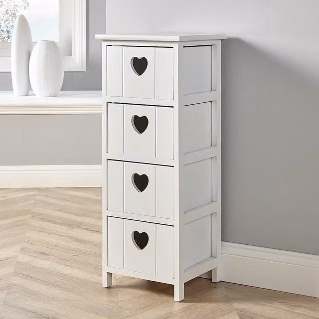 Home Source Lovestack 4 Heart Handle Drawer Chest Storage Unit in White