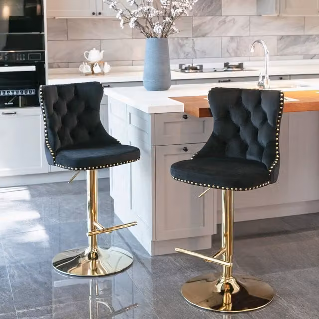 Modern Home Touch Set of 2 Luxury Black Velvet Tufted Swivel Bar Stools with Gold Metal Base