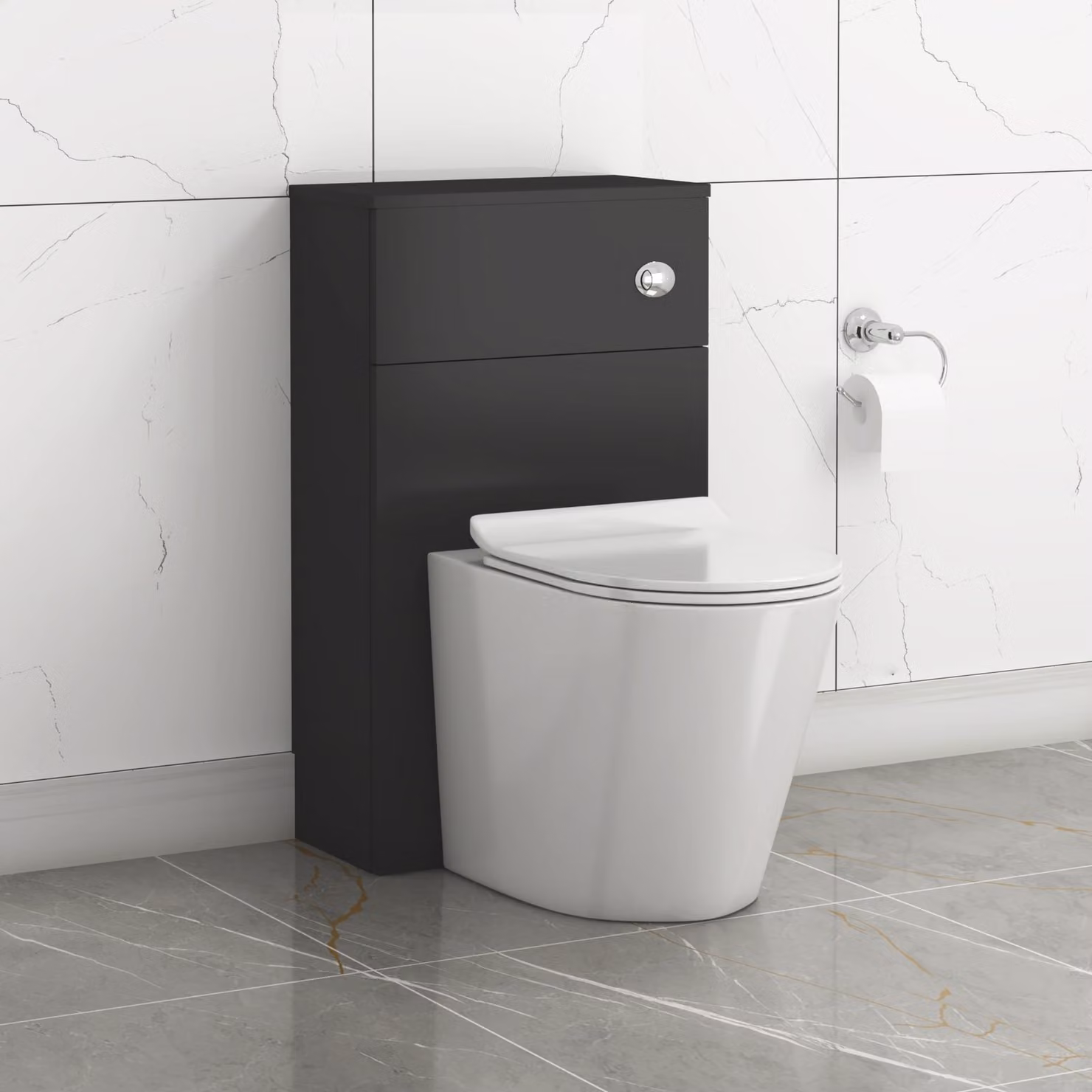 Royal Bathrooms Turin 500mm Matte Black Wall Mounted WC Unit with Cesar White Ceramic Rimless Toilet Pan, Slim Soft Close Seat and Cistern