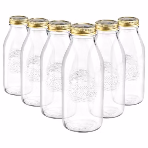 Bormioli Rocco Quattro Stagioni Glass Bottles with Screw Top Lid, 1L, Pack of 6, Transparent and Gold – 1