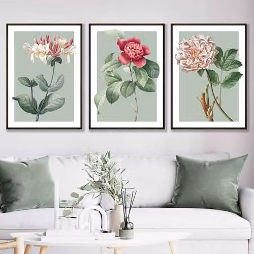 ARTZE Set of 3 Vintage Floral Botanical Paper Posters in Green, W: 42 cm, H: 59.4 cm – 1
