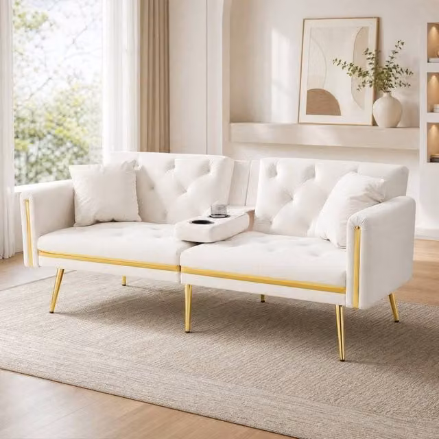 STILVORA 2-Seater White Velvet Click-Clack Sofa Bed with Adjustable Headrest and Cup Holders, W/D/H: 174 x 76 x 71.5 cm