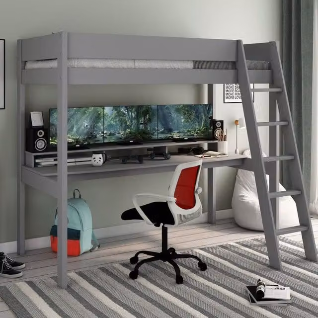 Estella Grey Single High Bed with Integrated Gaming Desk and Under-Bed Lighting