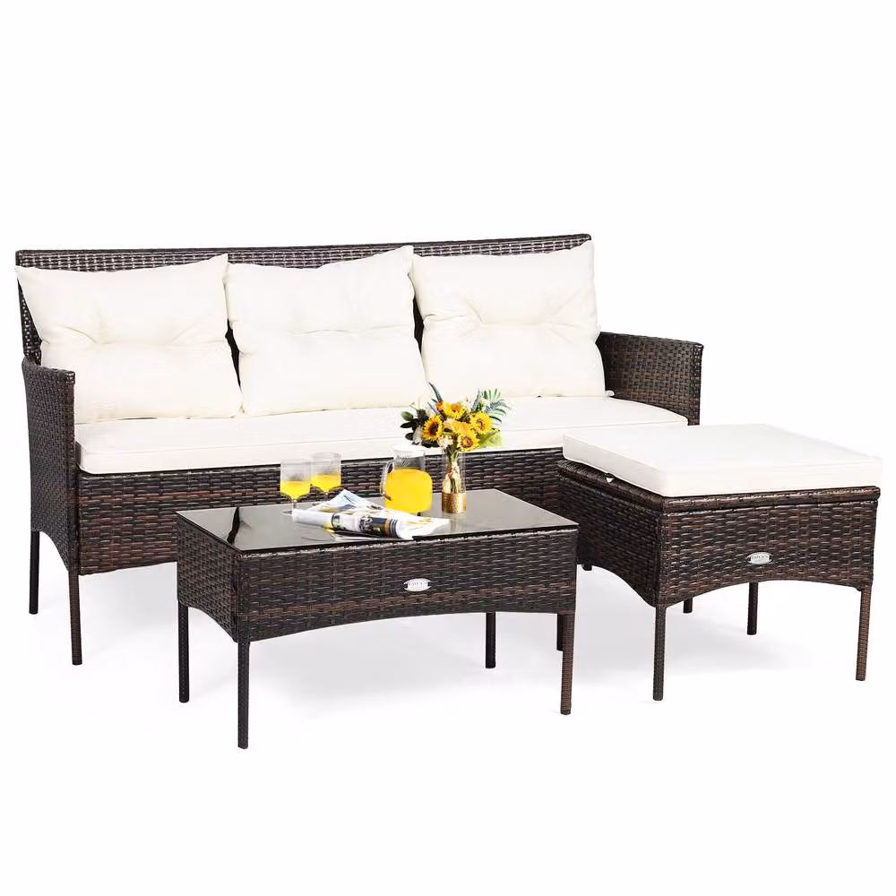 Costway 3-Piece White Polyrattan Patio Conversation Set with Upholstered Cushions, Outdoor 3-Seater Sofa, Coffee Table and Ottoman – 3