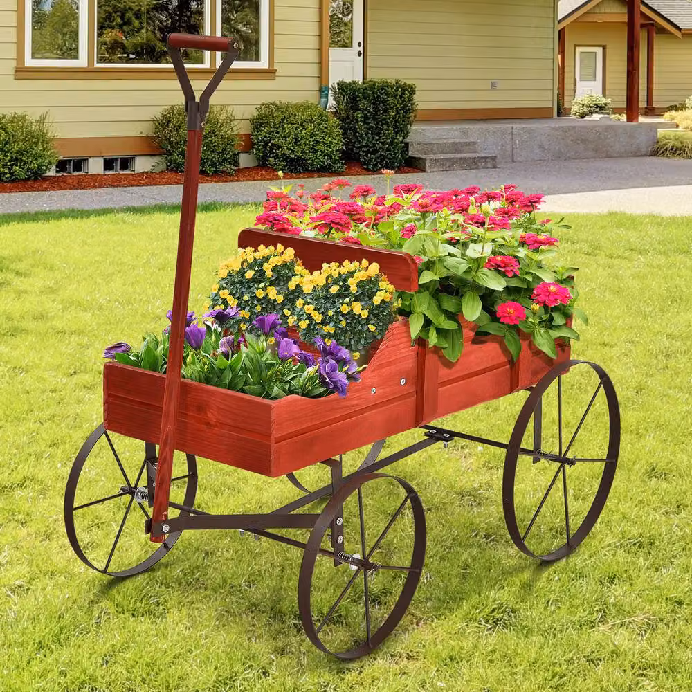 Costway Garden Wagon Planter with 2 Planting Sections in Red – 3