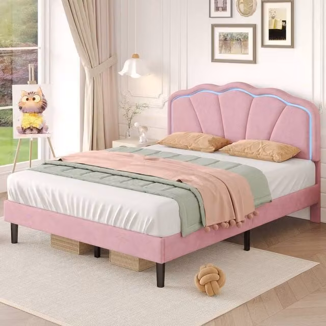 BTM Pink Velvet Upholstered Single Bed with LED Adjustable Shell Shape Headboard and Under-Bed Lighting, W/D/H: 90 x 200 cm – 1