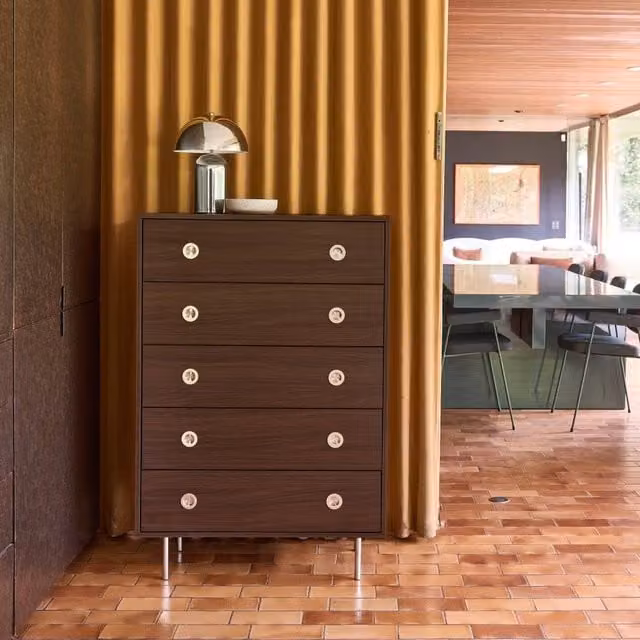 sweeek Vintage 5-Drawer Chest of Drawers with Wood Decor and Stainless Steel in Dark Brown, W: 80.0 cm, D: 39.5 cm, H: 118.0 cm