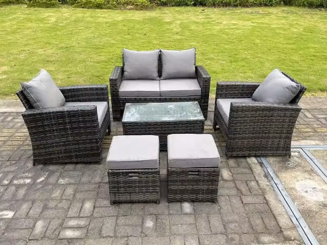 Fimous 6 Seater Dark Grey High Back Rattan Garden Furniture Set with Rectangular Coffee Table and 2 Stools