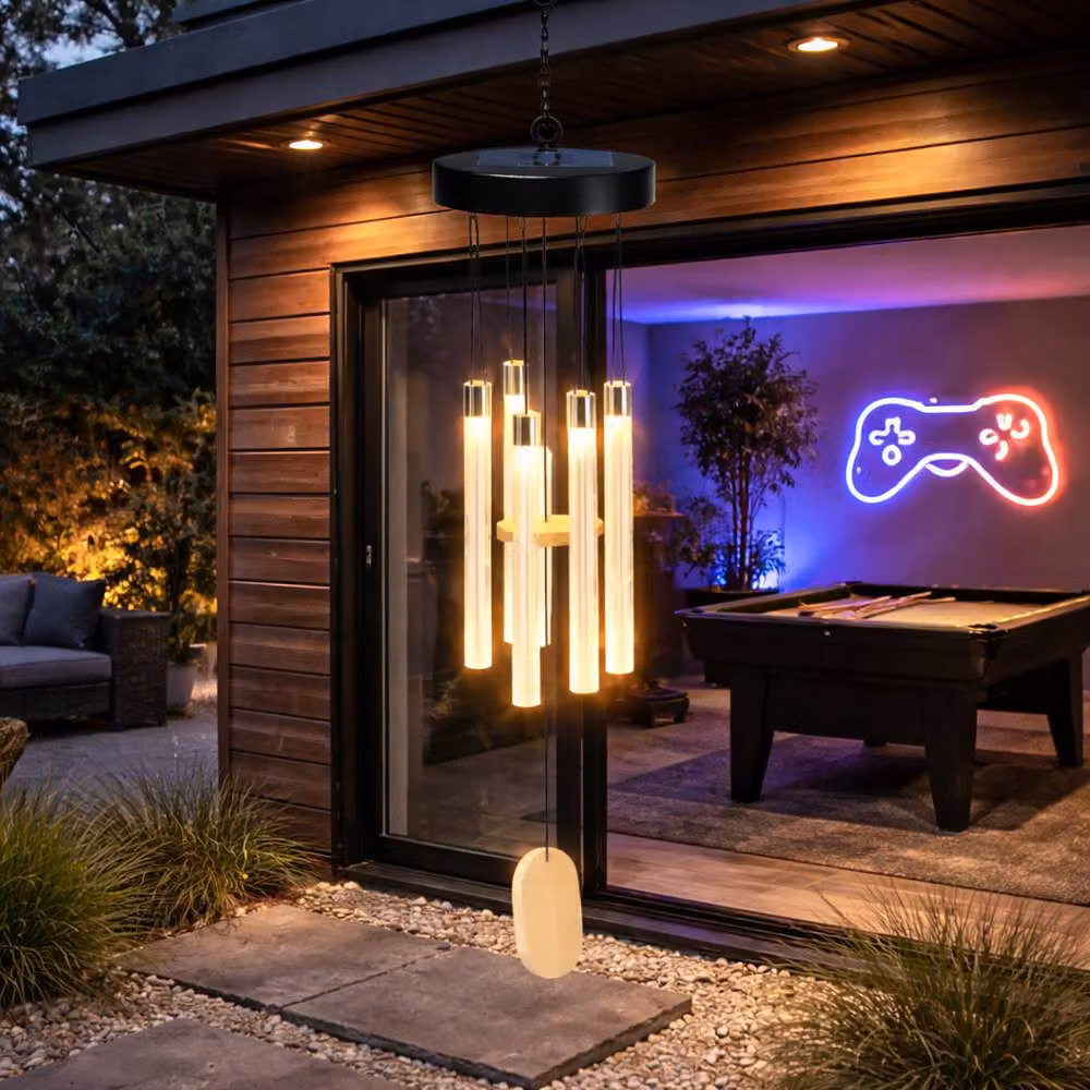 Gardenwize Solar Powered Colour Changing LED Wind Chime in Black with 4 Cylinders – 3
