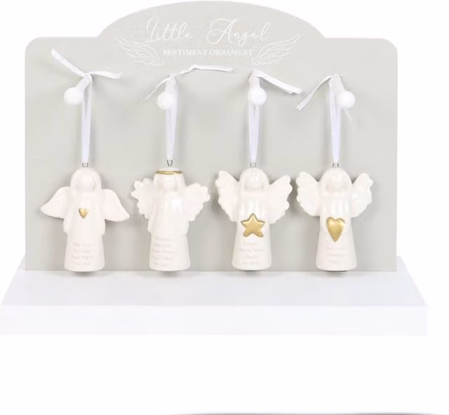 KDMK Set of 24 White Ceramic Hanging Angel Sentiment Ornaments with Meaningful Designs