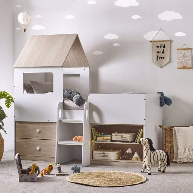 Julian Bowen Orpheus Midsleeper Bed in White and Pale Wood with Stairs and Drawers