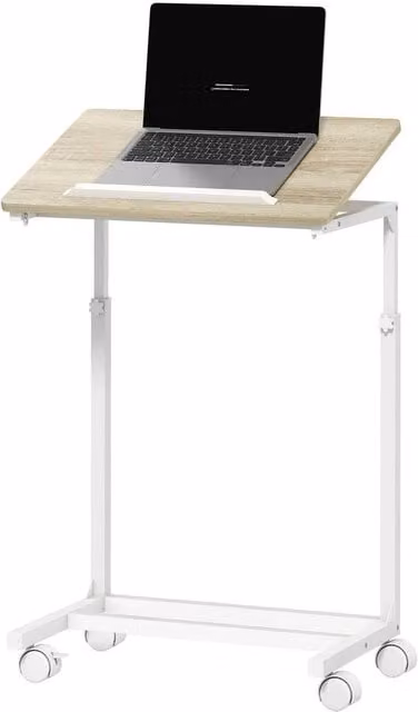 FORGEVIO C-Shaped Sofa Side Table and Mobile Laptop Desk in White, Height Adjustable and Tilting, W/D/H: 60.0 x 82.5 x 62.5 cm