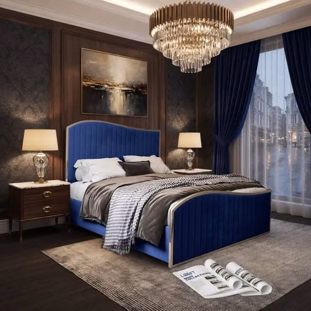 KDMD Hythe Blue Velvet Upholstered Metal Designer Bed Frame, W/D/H: 180 x 200 cm – 1