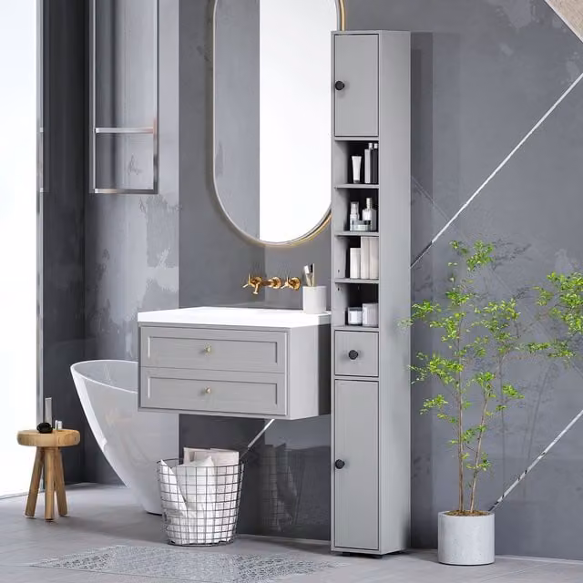 Kleankin Slim Grey Bathroom Cabinet with Open Shelves and 2 Hinged Doors, H 180 x W 20 x D 20 cm – 1