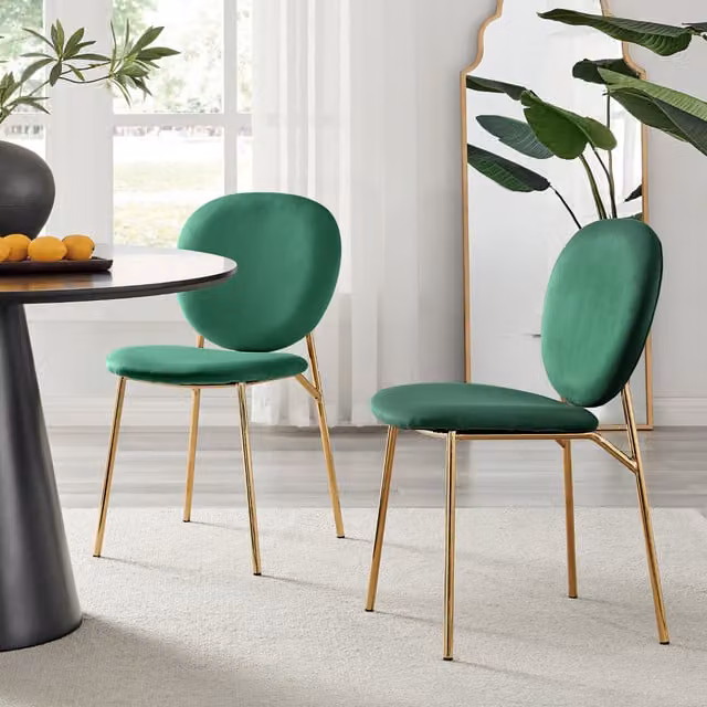 FurnitureboxUK Set of 2 Ivy Upholstered Velvet Kitchen Dining Chairs with Gold Metal Legs, Green
