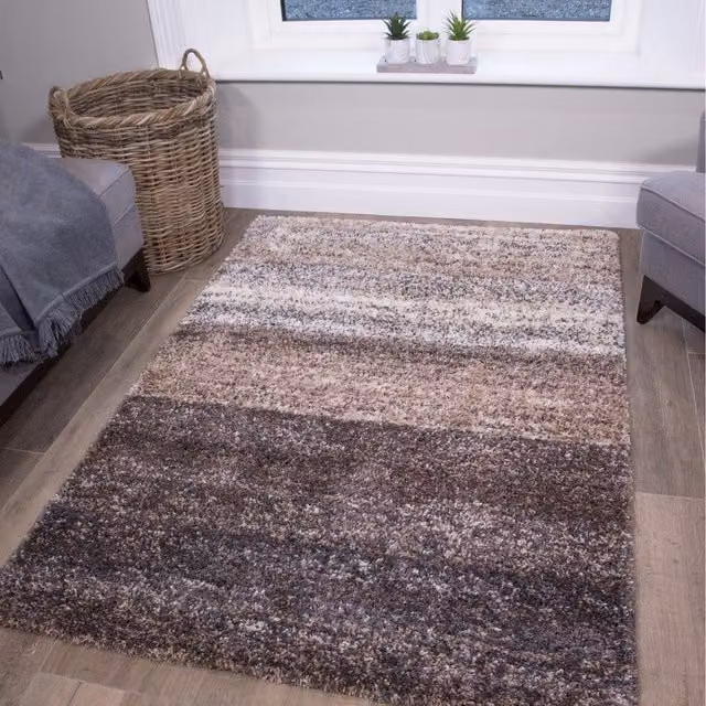 The Rug House Super Soft Mottled Striped Shaggy Area Rug in Beige and Brown, W: 200 cm, D: 290 cm