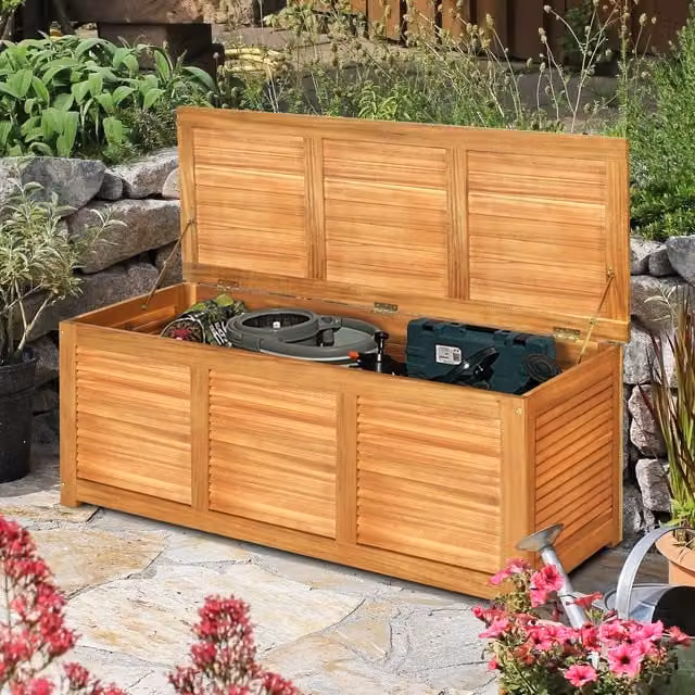 Costway 180 Litre Acacia Wood Garden Storage Bench and Deck Box in Natural Brown – 1