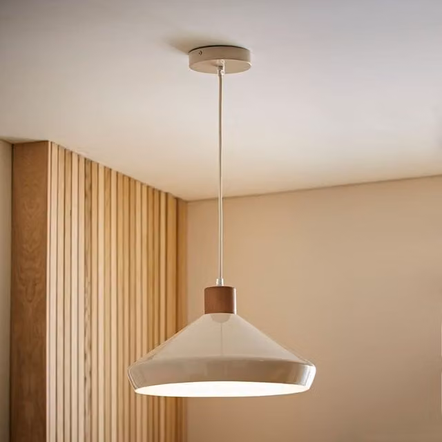 ValueLights Parker Gloss Adjustable Ceiling Pendant Light with Walnut Wood Dome in Cream and Beige
